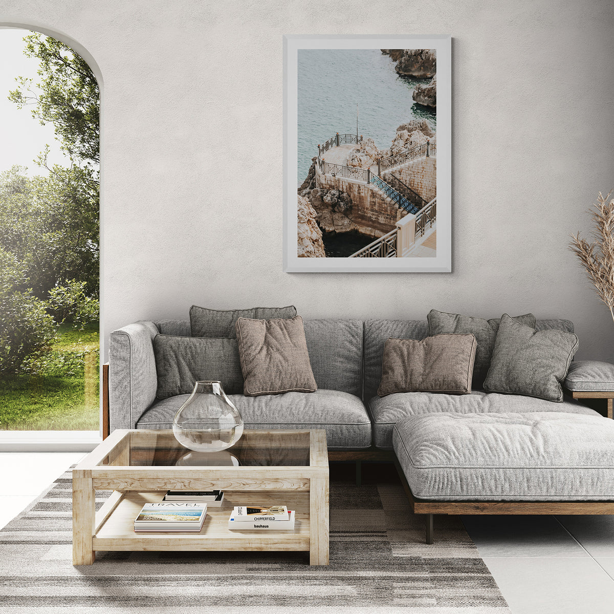 Tidal Staircase Puglia coastal Italian wall art white framed print styled in a room