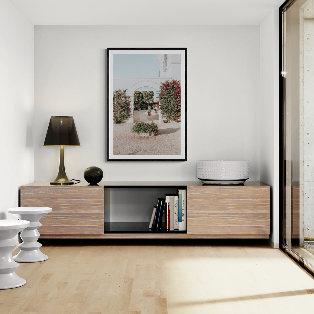 Torre Maizza Puglia Italian wall art black framed print styled in a room