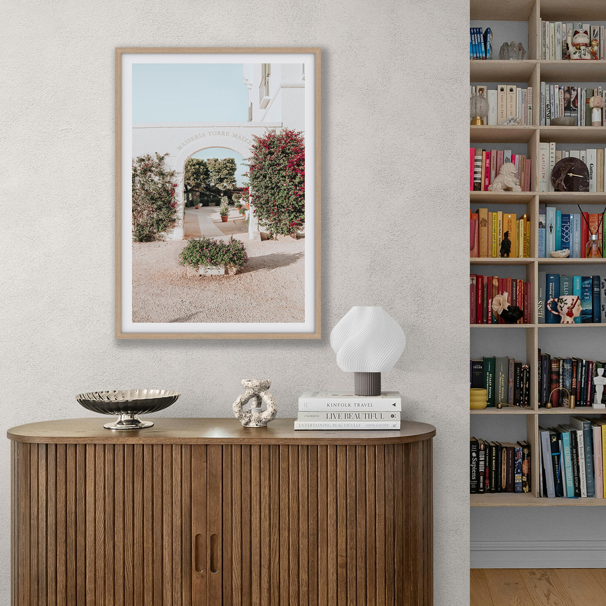 Torre Maizza Puglia Italian wall art natural oak framed print styled in a room