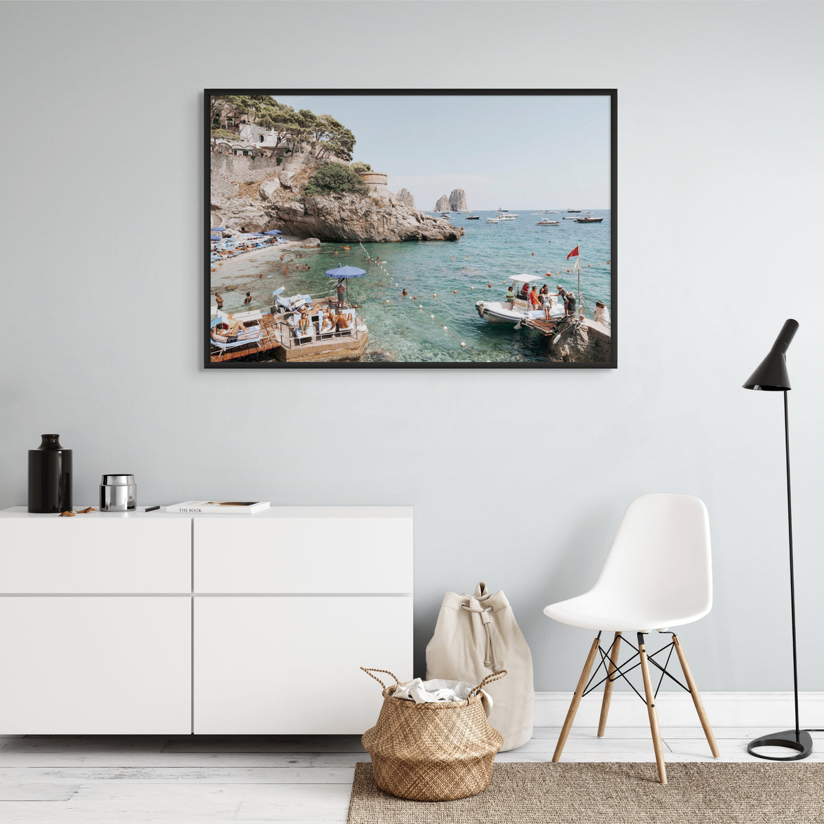 Torre Saracena Capri Mediterranean wall art black framed print styled in a room