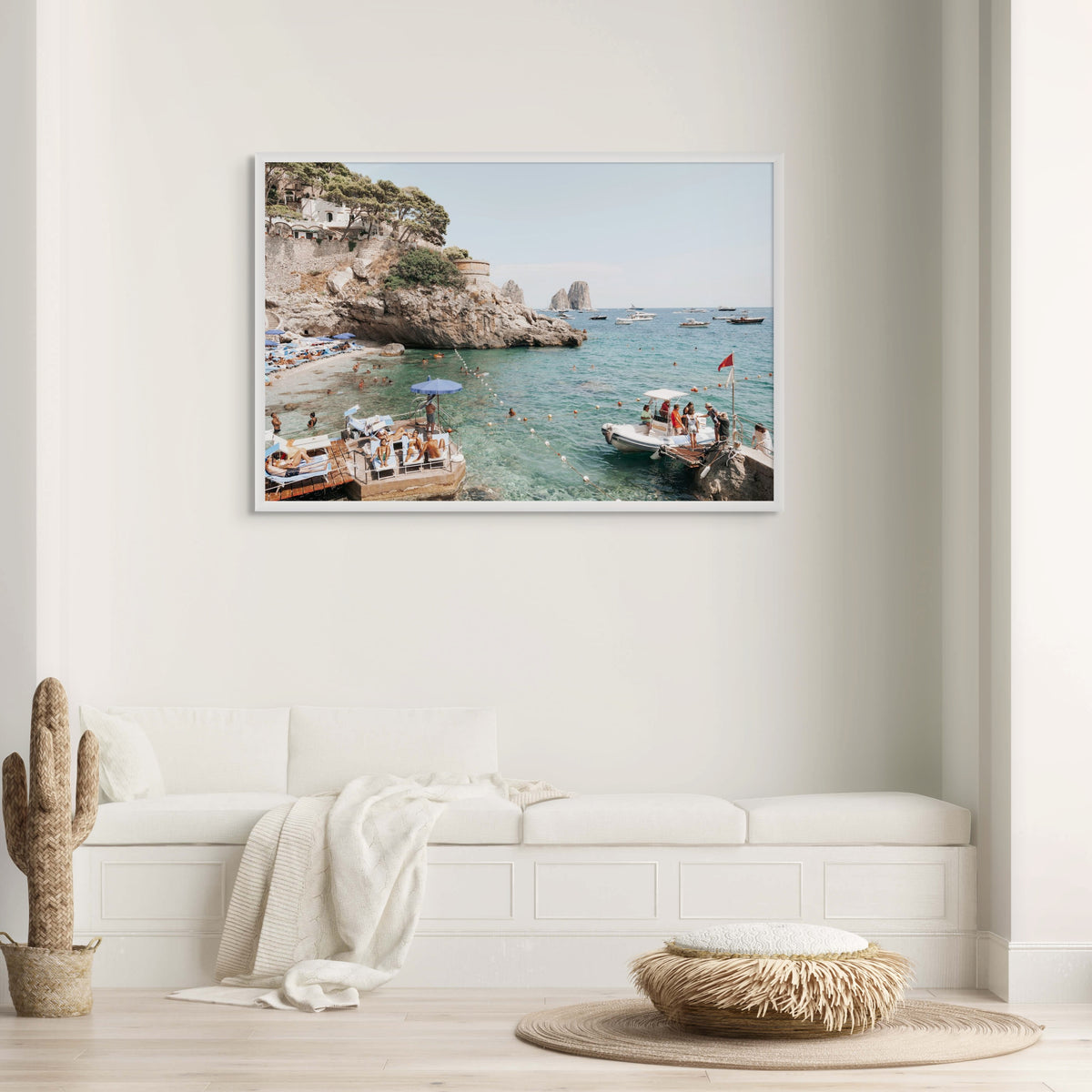 Torre Saracena Capri Mediterranean wall art white framed print styled in a room view 2