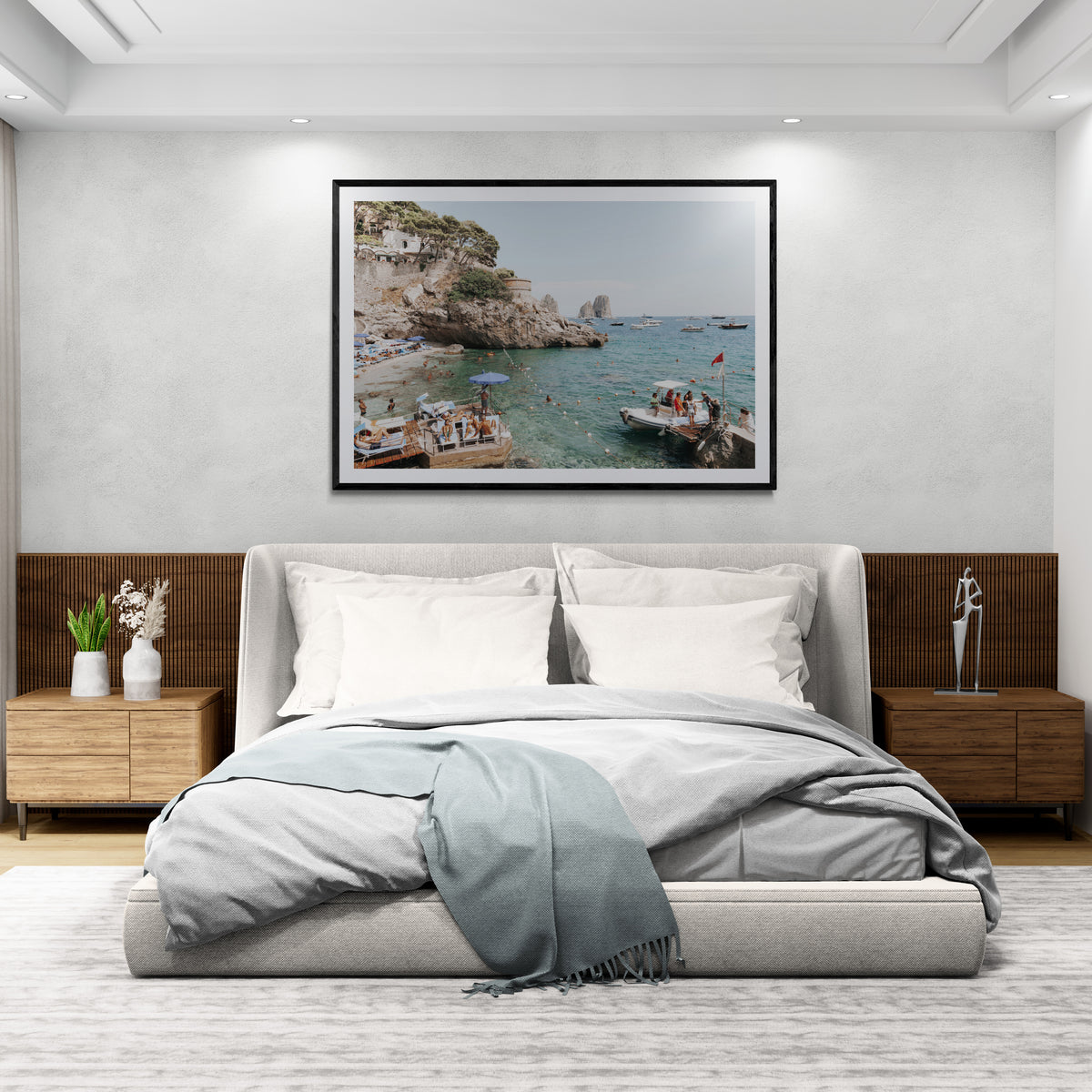 Torre Saracena Capri Mediterranean wall art black framed print styled in a room view 3