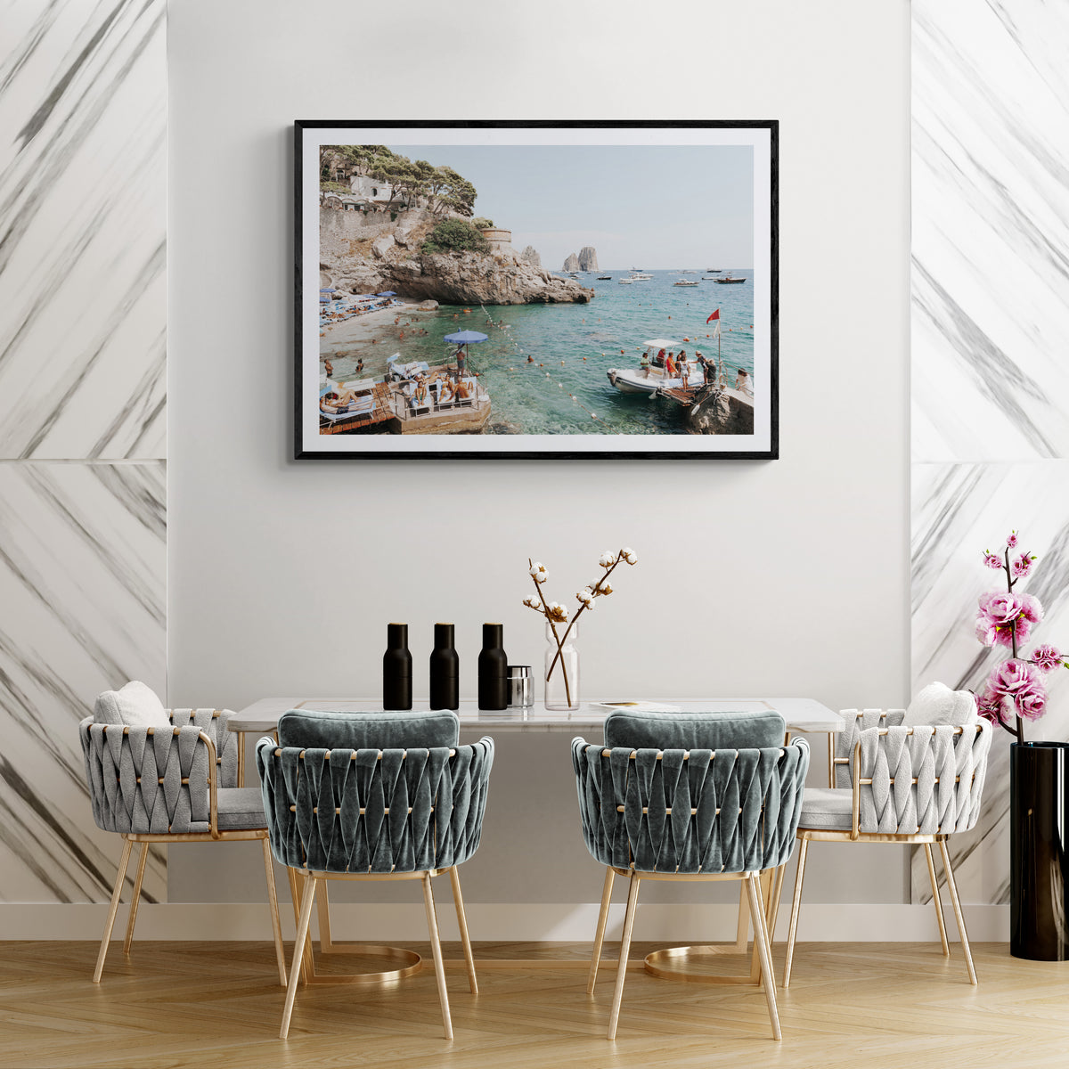 Torre Saracena Capri Mediterranean wall art black framed print styled in a room view 2
