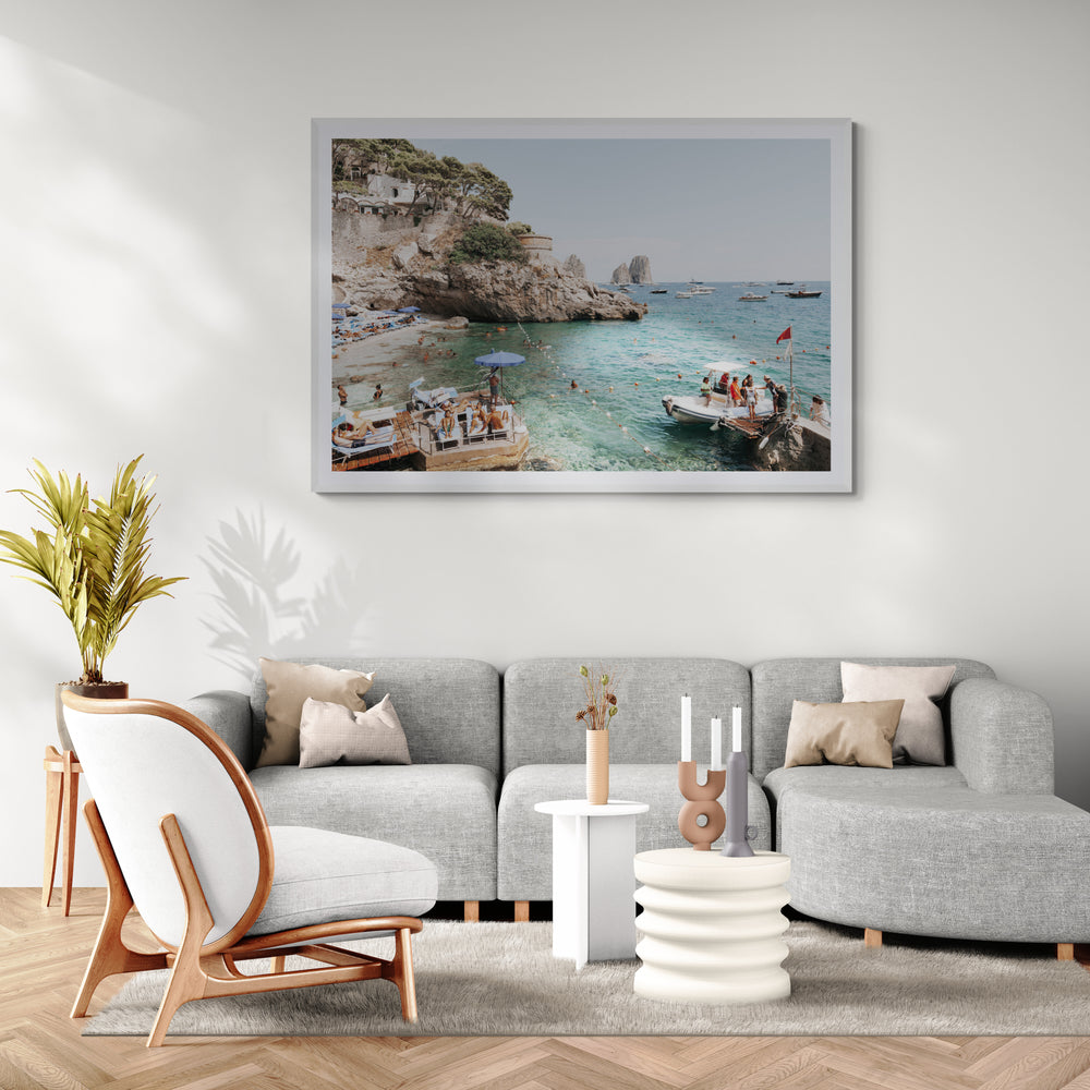 Torre Saracena Capri Mediterranean wall art white framed print styled in a room