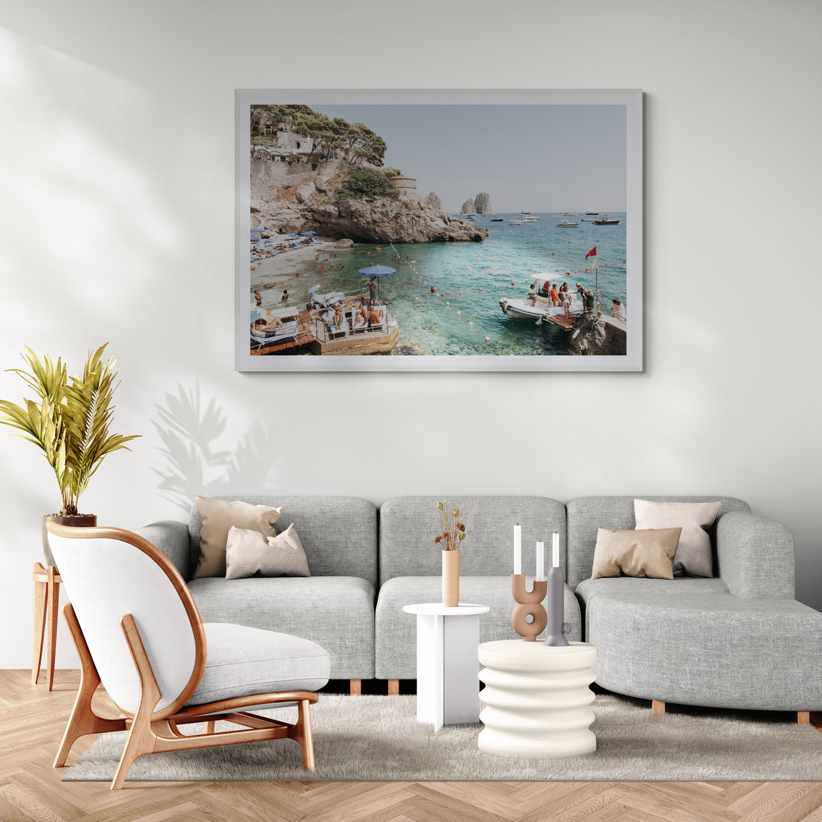 Torre Saracena Capri Mediterranean wall art white framed print styled in a room