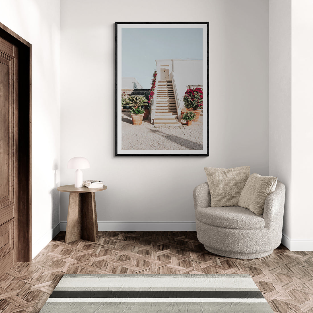 Tranquil Ascent Puglia Italian wall art black framed print styled in a room