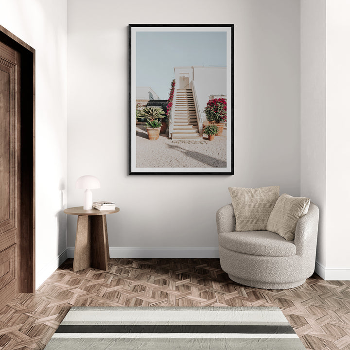 Tranquil Ascent Puglia Italian wall art black framed print styled in a room
