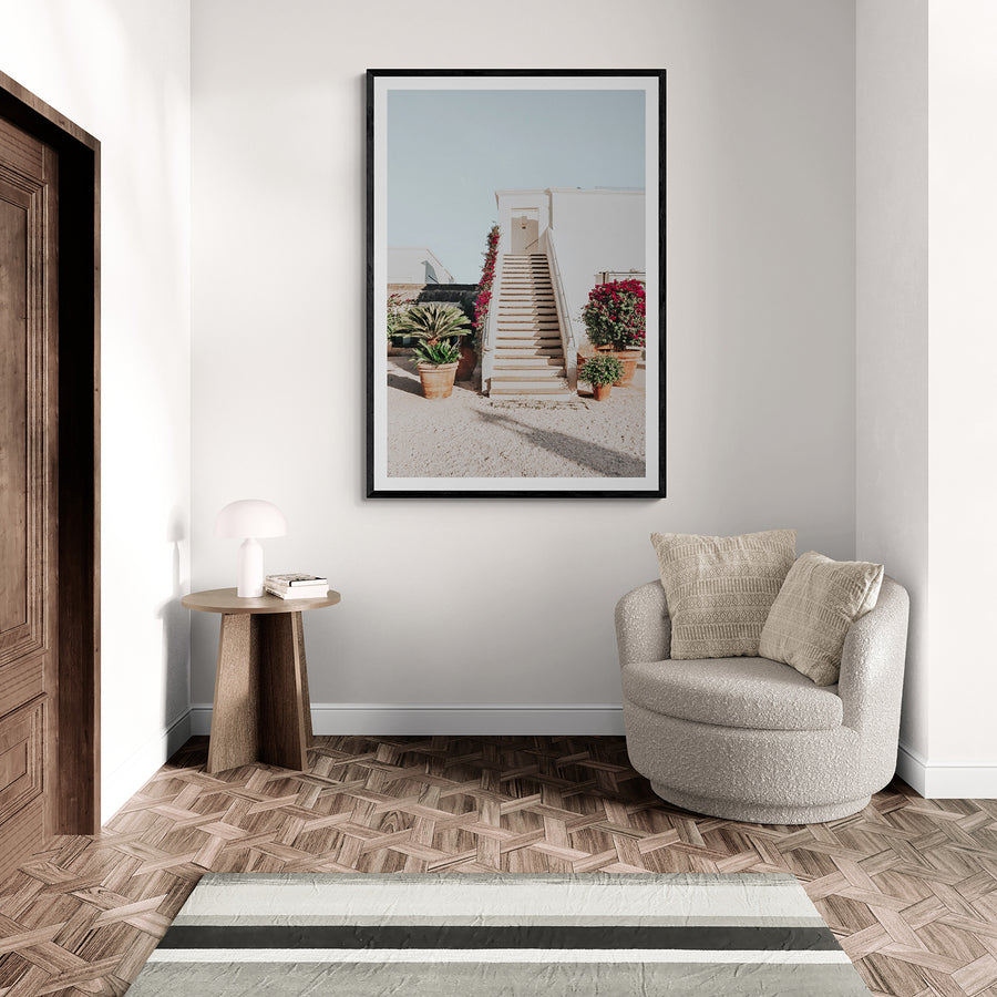 Tranquil Ascent Puglia Italian wall art black framed print styled in a room