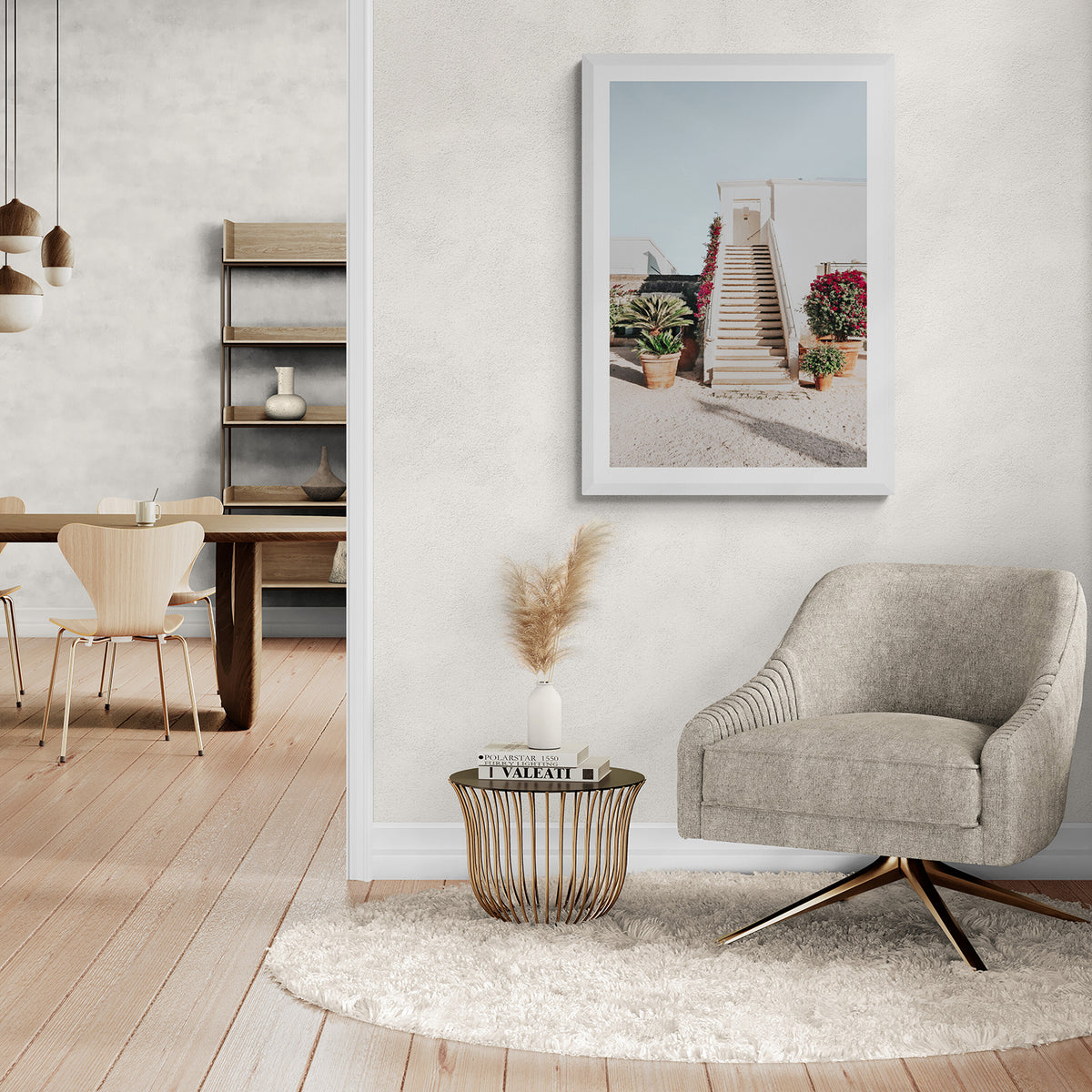 Tranquil Ascent Puglia Italian wall art white framed print styled in a room