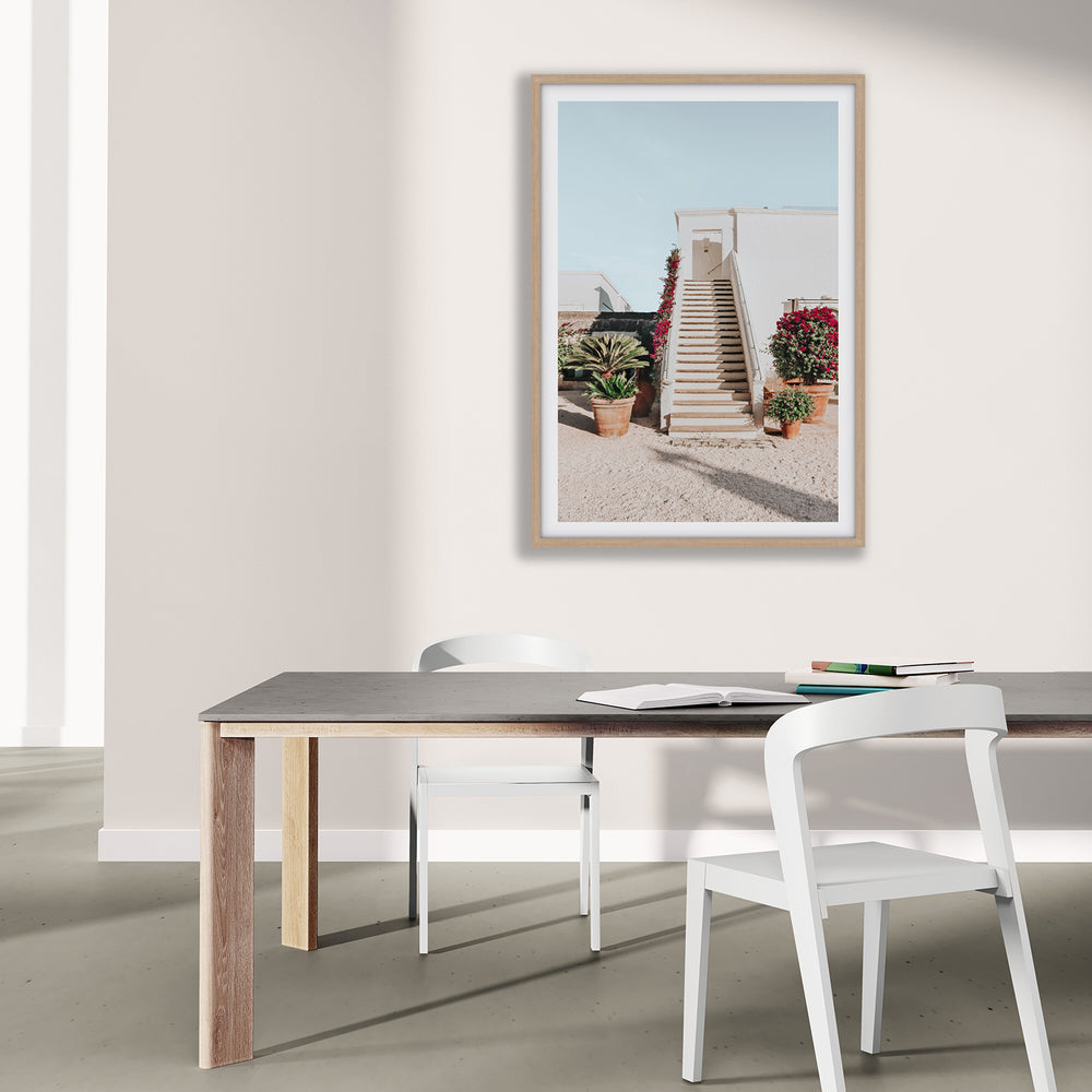 Tranquil Ascent Puglia Italian wall art natural oak framed print styled in a room