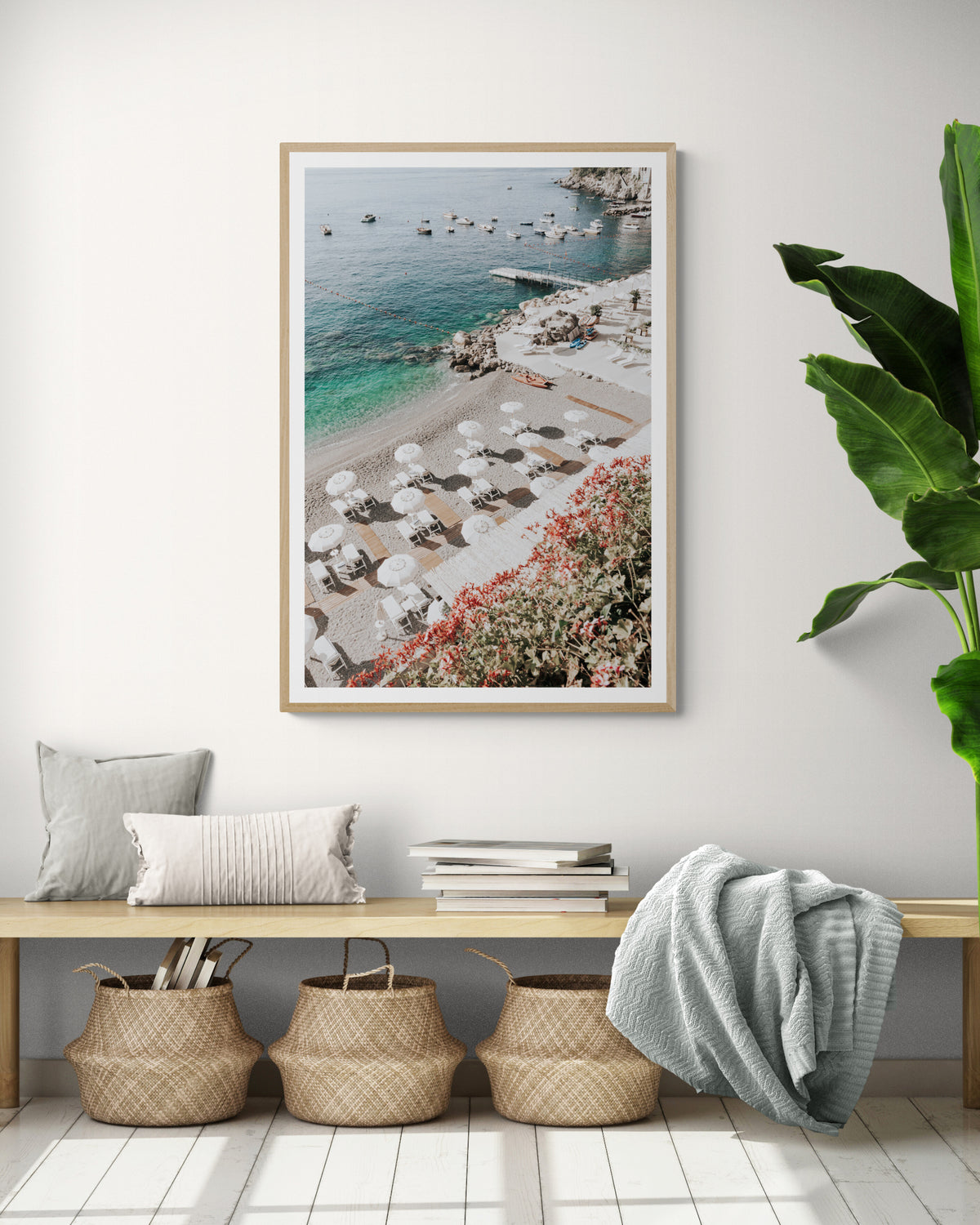 Tranquil Oasis Amalfi Coast coastal wall art natural oak framed print styled in a room