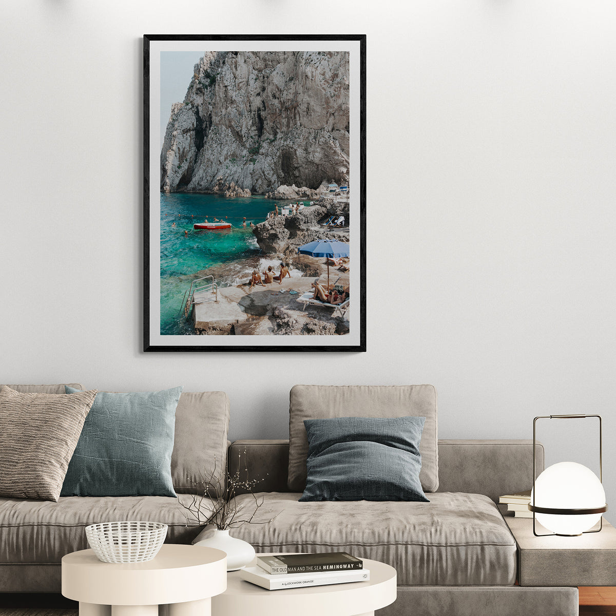 Tranquility decor wall art black framed print styled in a room