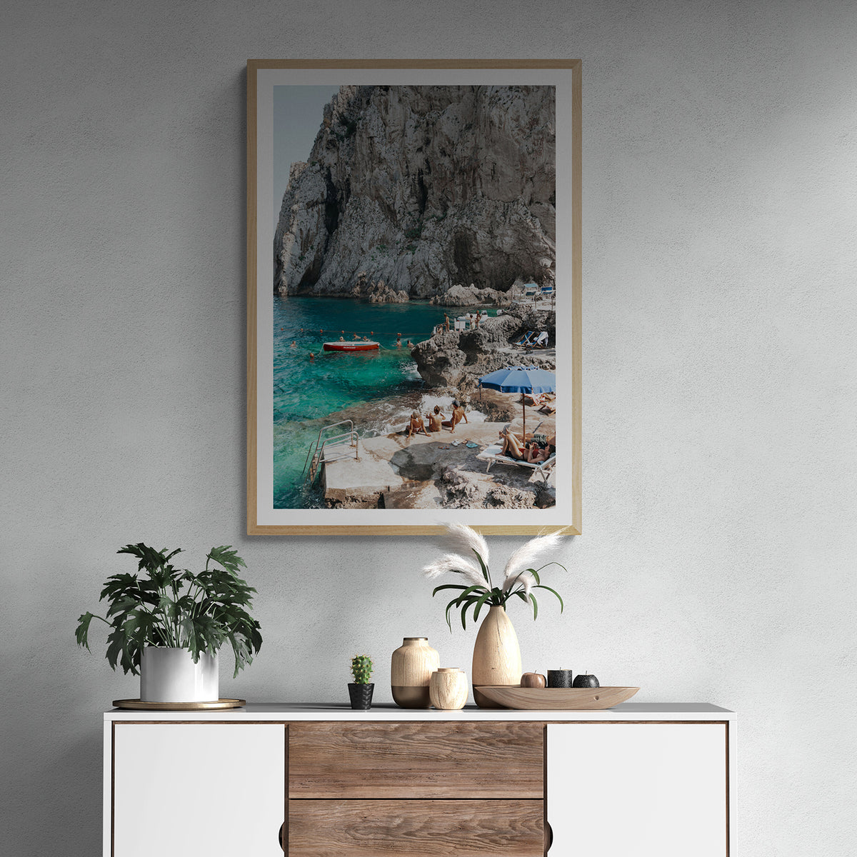 Tranquility decor wall art natural oak framed print styled in a room