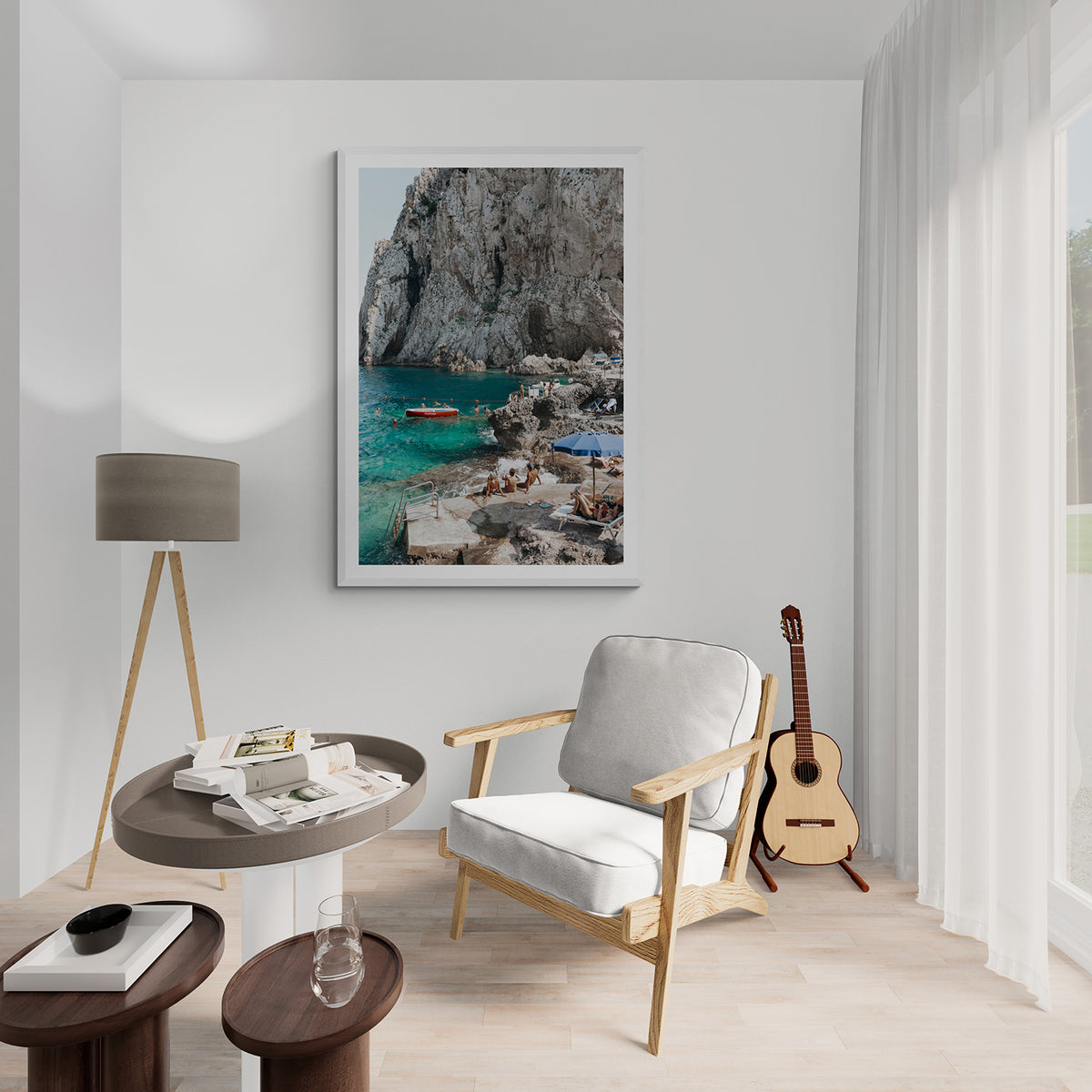 Tranquility decor wall art white framed print styled in a room