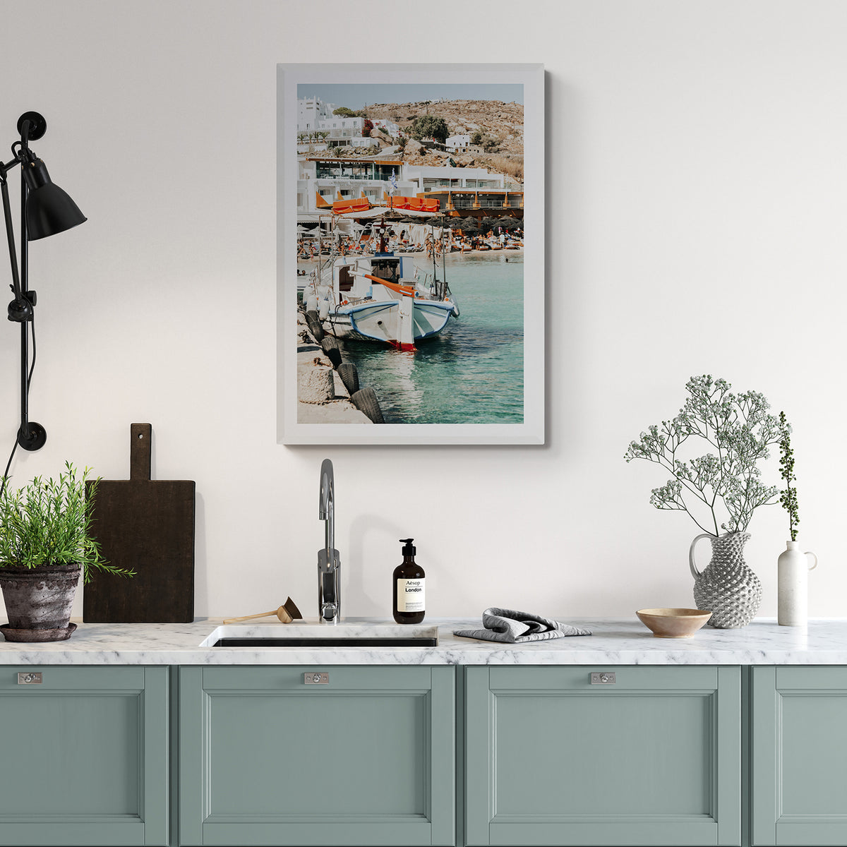 Travel In Style Mykonos Greek island wall art white framed print styled in a room view 2