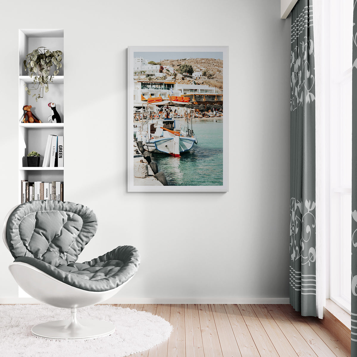 Travel In Style Mykonos Greek island wall art white framed print styled in a room