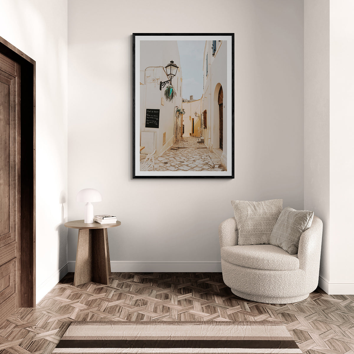 Twilight Passage Puglia Italian wall art black framed print styled in a room