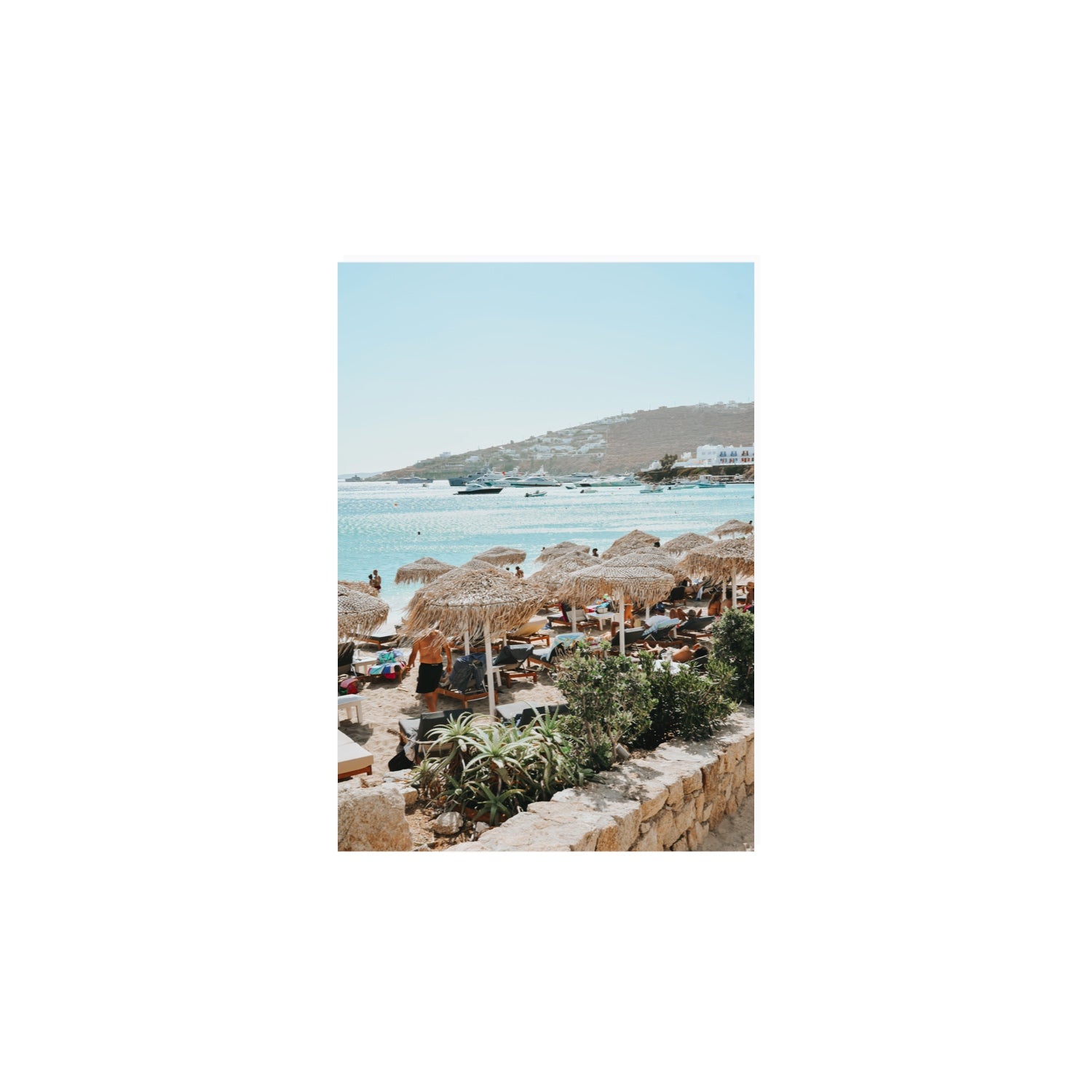Beachside Huts Mykonos Greek island wall art A4, 29.7 x 21 cm unframed fine art print
