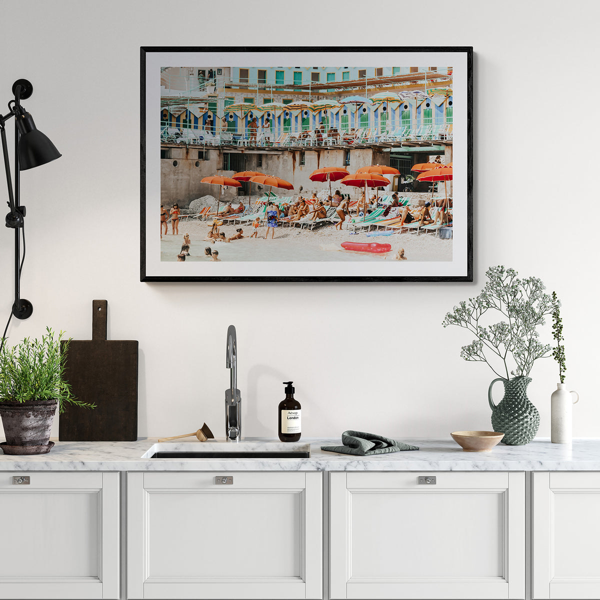 Umbrella Fiesta Capri beach Mediterranean wall art black framed print styled in a room