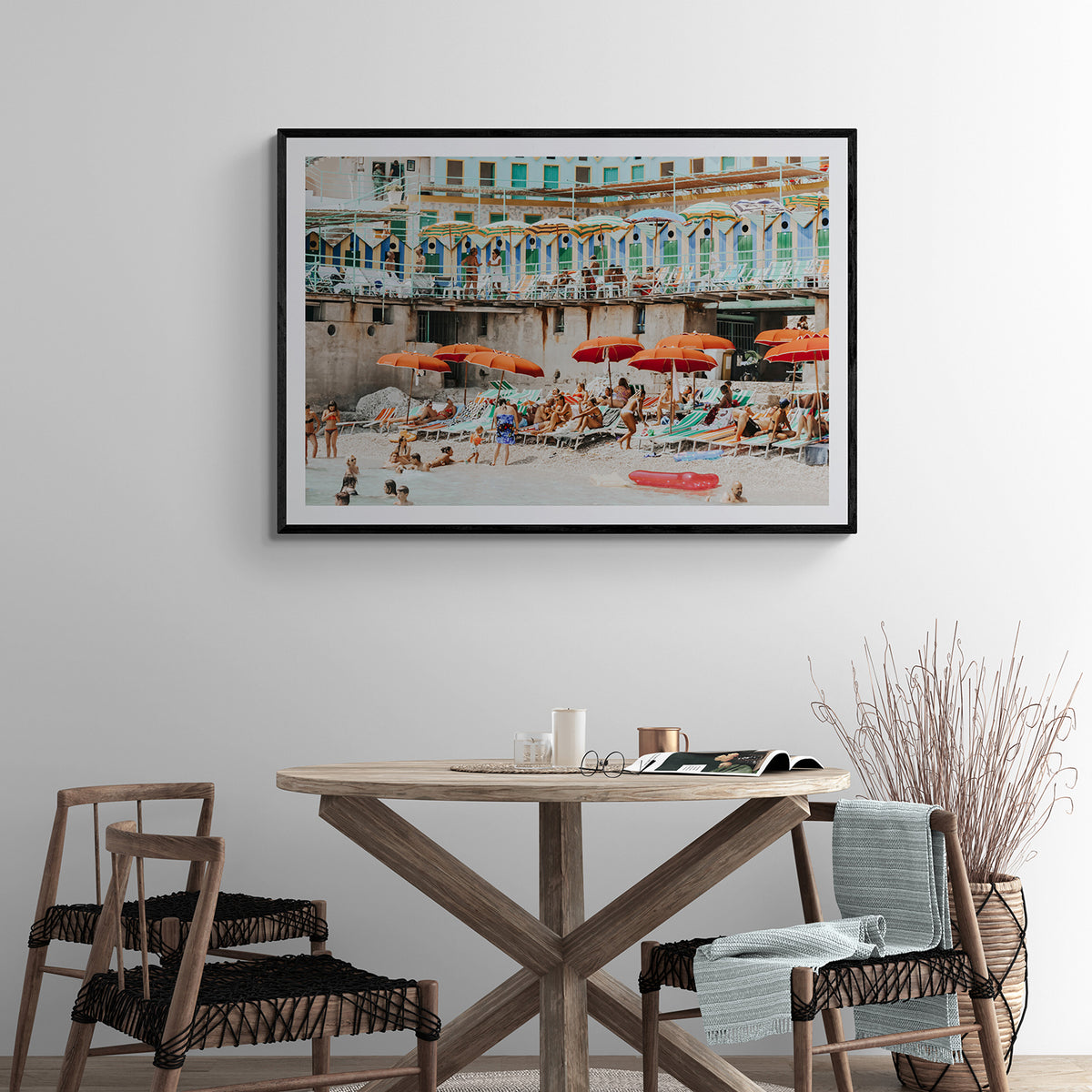 Umbrella Fiesta Capri beach Mediterranean wall art black framed print styled in a room view 2