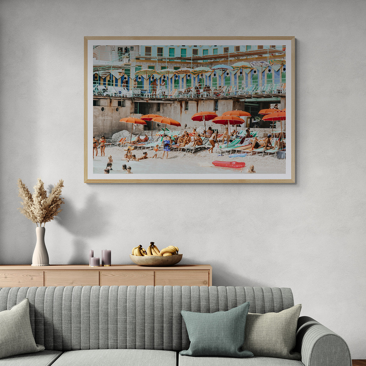 Umbrella Fiesta Capri beach Mediterranean wall art natural oak framed print styled in a room