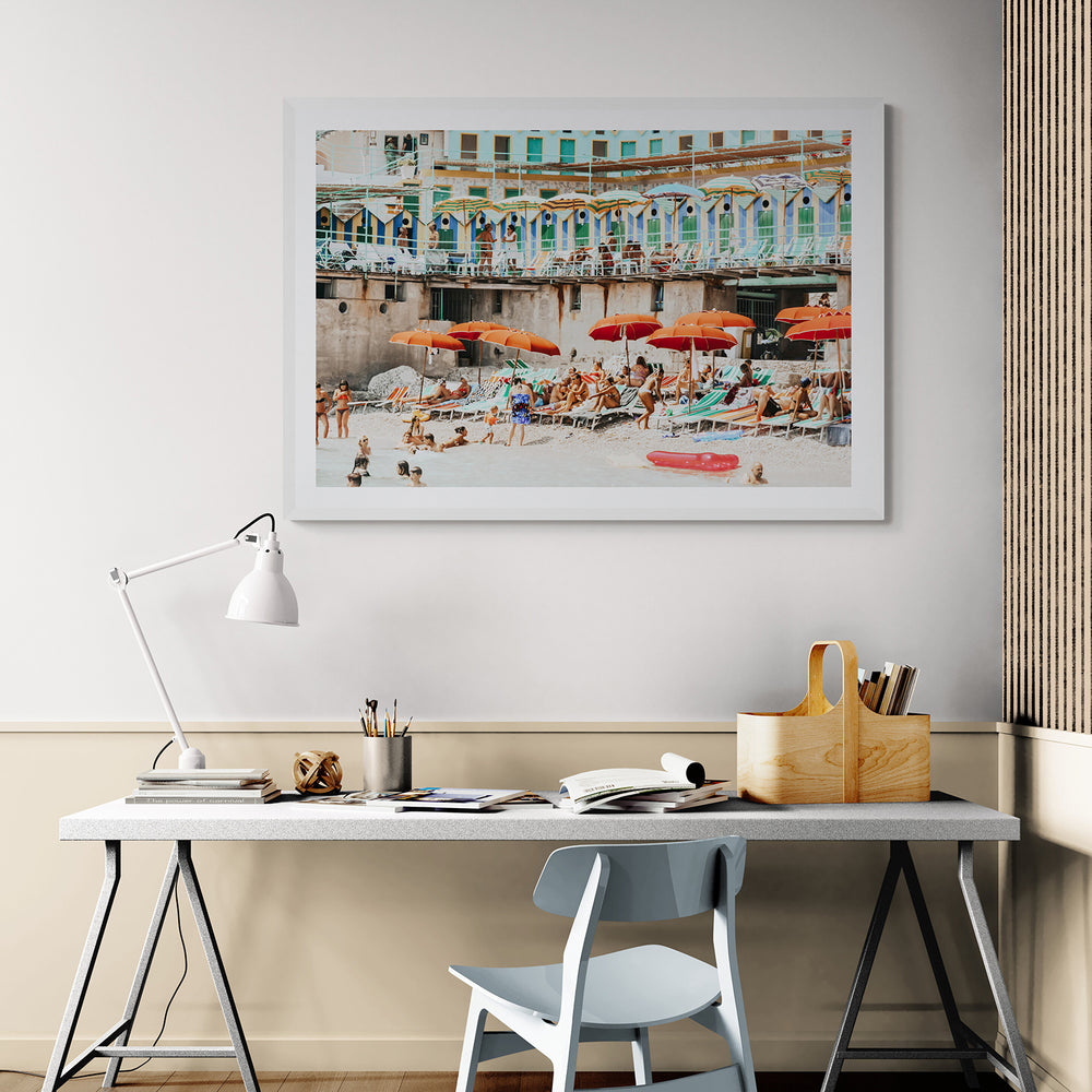 Umbrella Fiesta Capri beach Mediterranean wall art white framed print styled in a room view 2