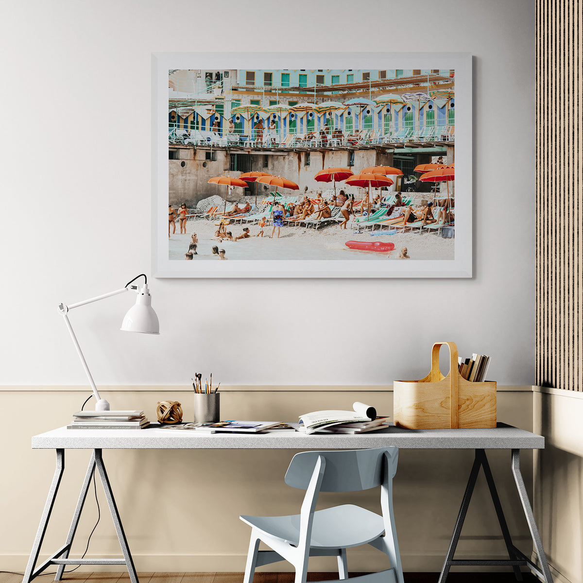 Umbrella Fiesta Capri beach Mediterranean wall art white framed print styled in a room view 2