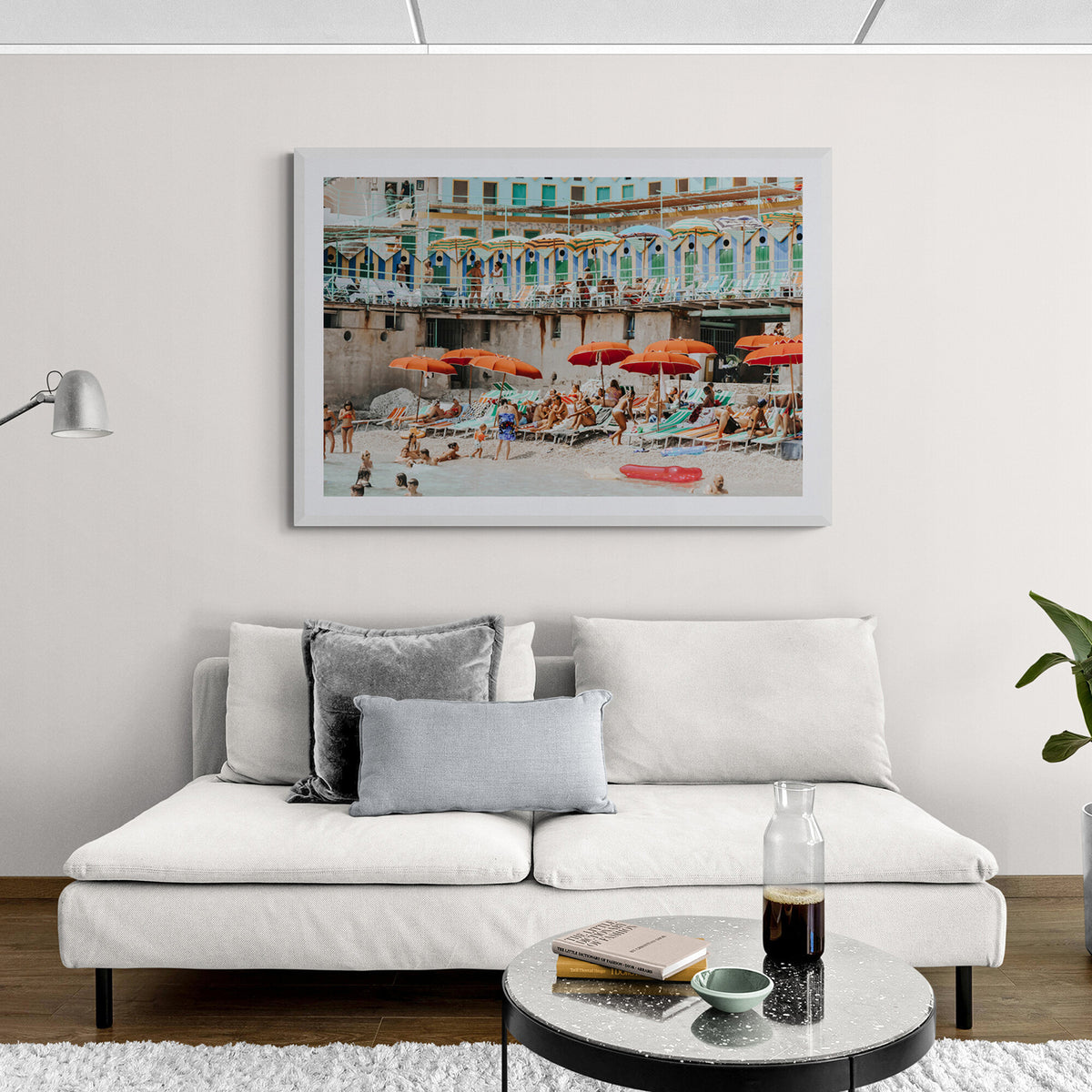Umbrella Fiesta Capri beach Mediterranean wall art white framed print styled in a room