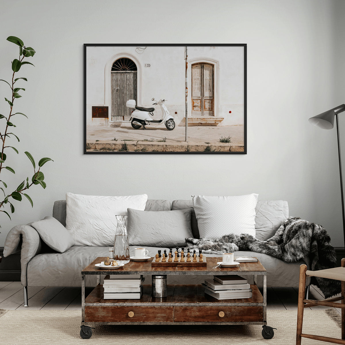 Vespa Nostalgia Puglia Italian wall art black framed print styled in a room