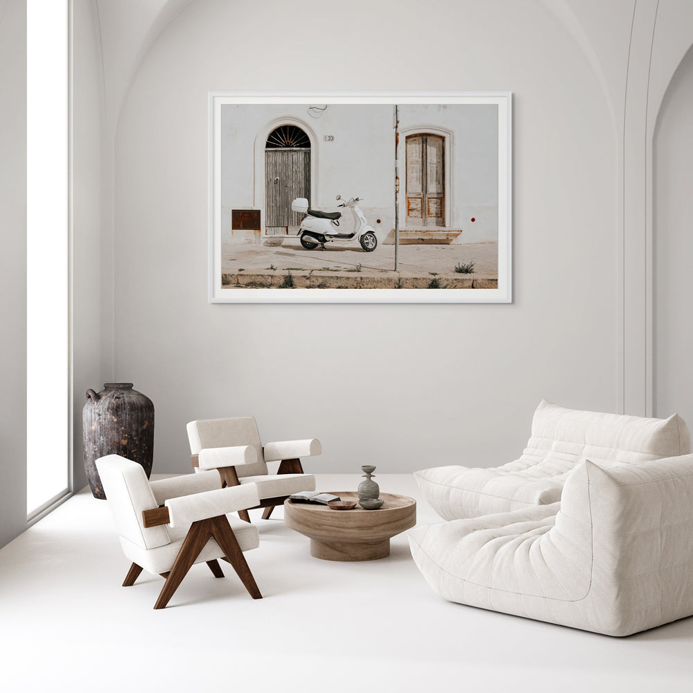 Vespa Nostalgia Puglia Italian wall art white framed print styled in a room