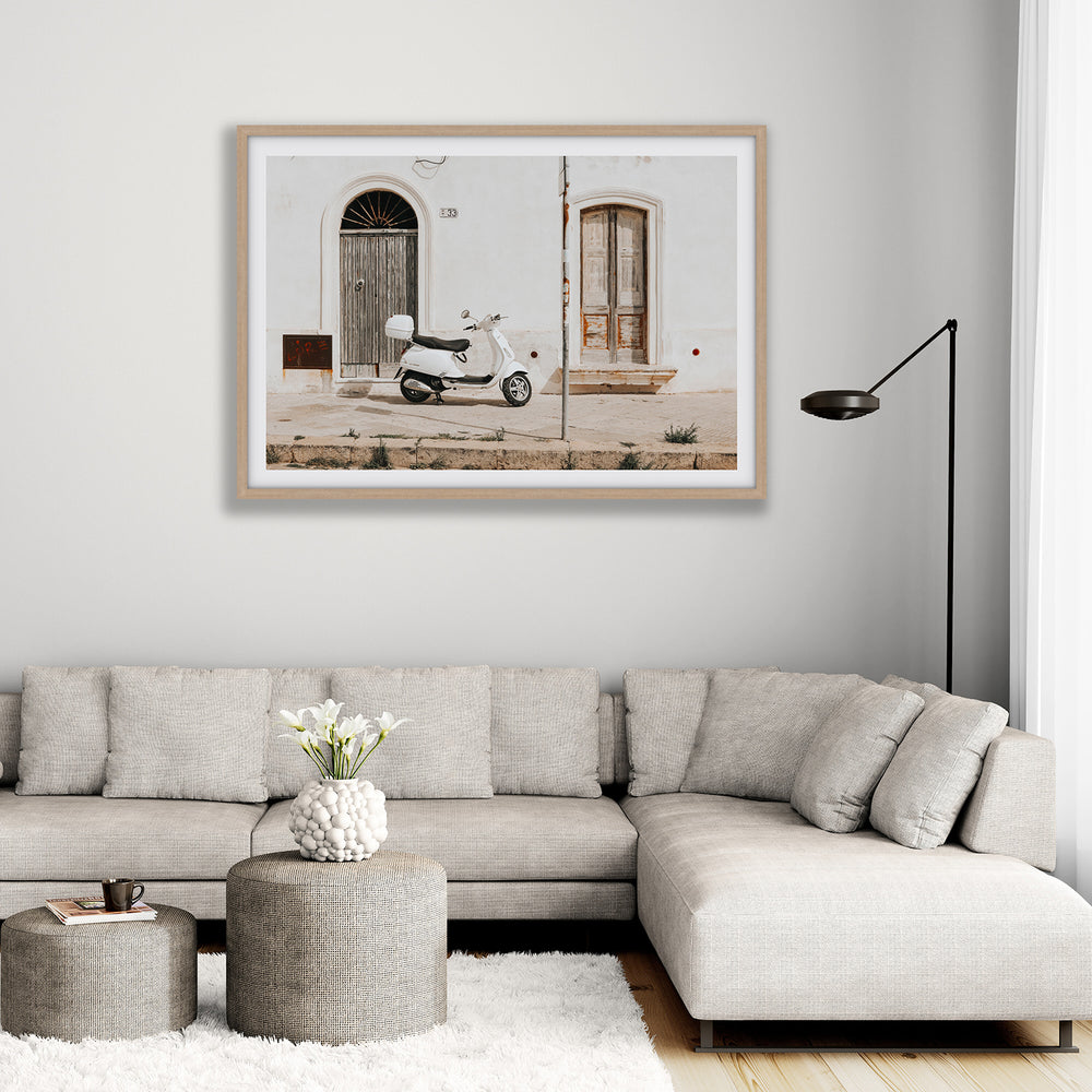 Vespa Nostalgia Puglia Italian wall art natural oak framed print styled in a room