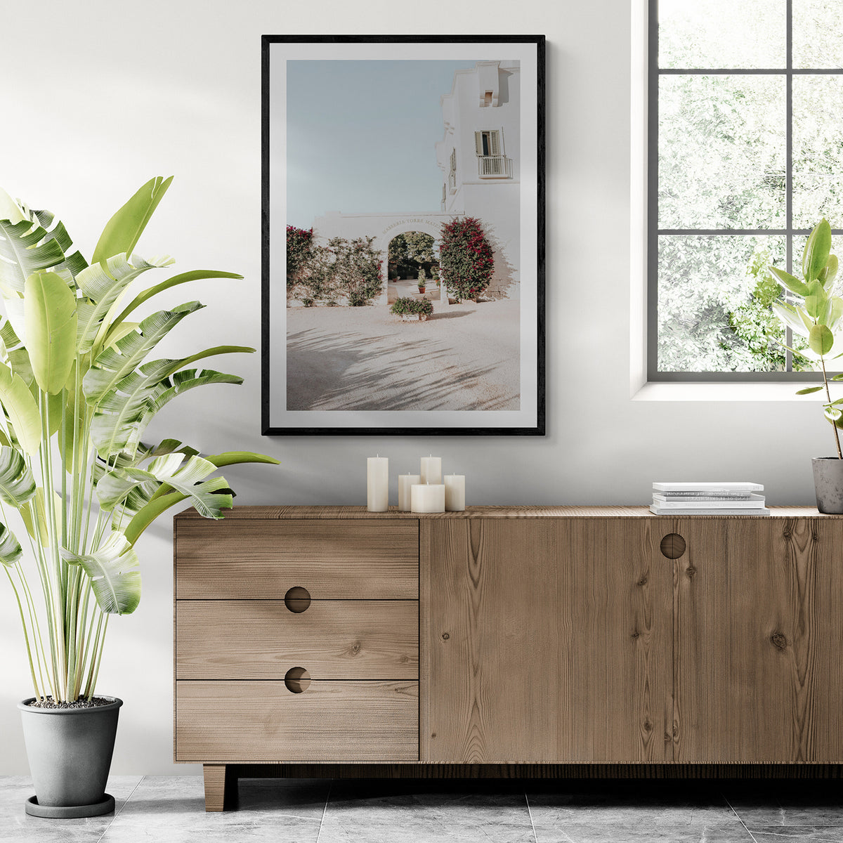 Villa Retreat Puglia Italian wall art black framed print styled in a room