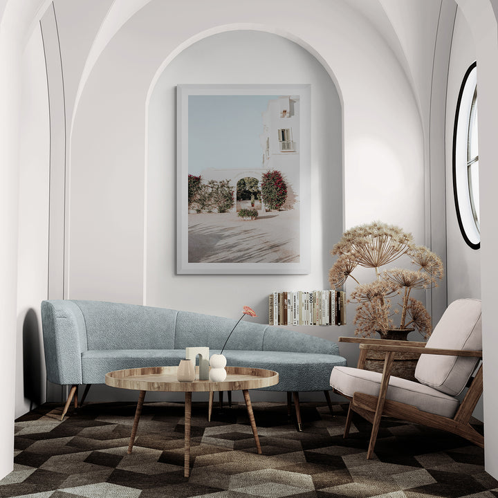 Villa Retreat Puglia Italian wall art white framed print styled in a room