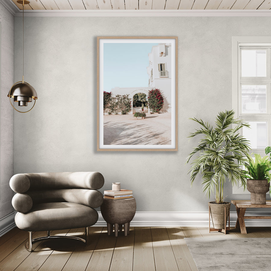 Villa Retreat Puglia Italian wall art natural oak framed print styled in a room