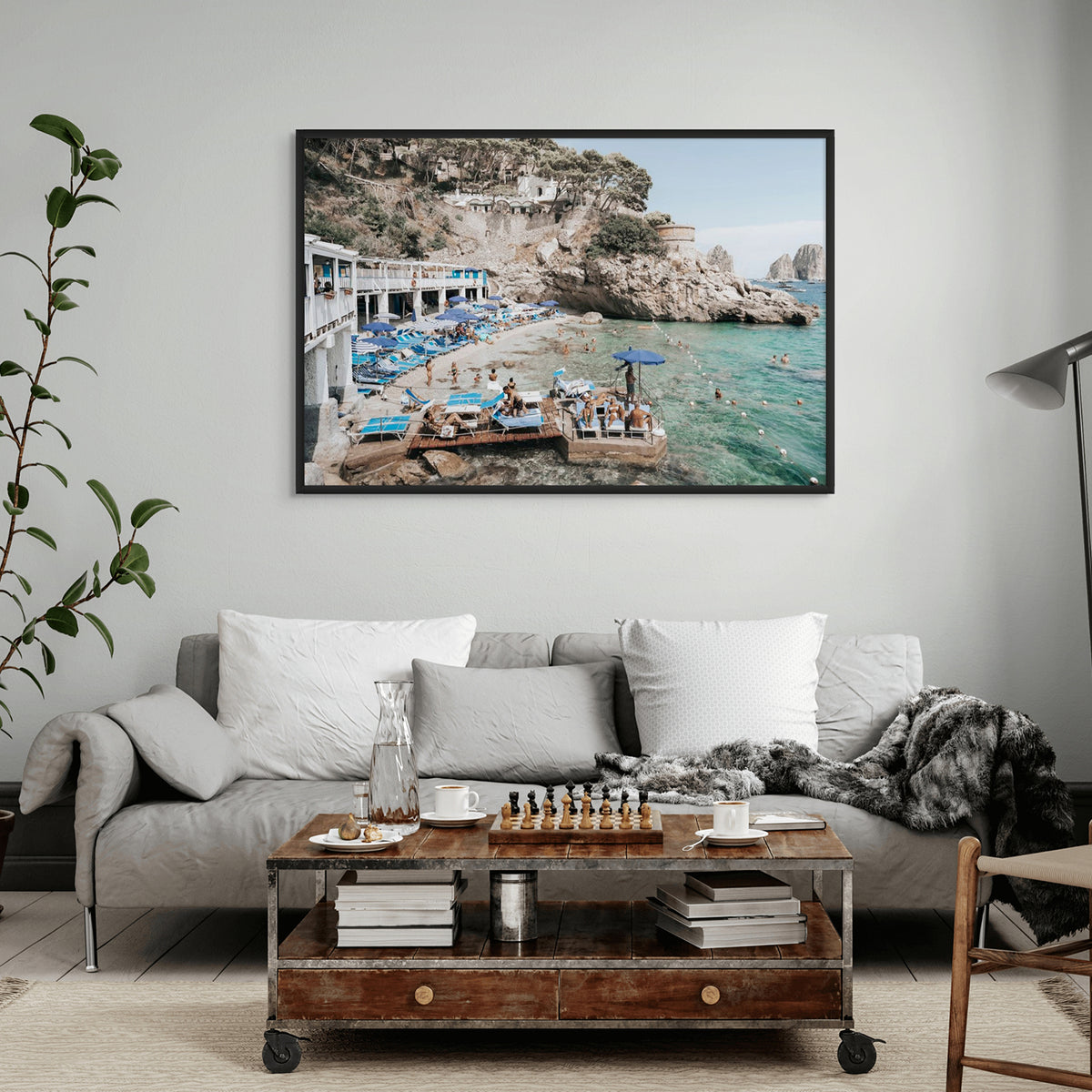 Vita Bella Capri Mediterranean wall art black framed print styled in a room