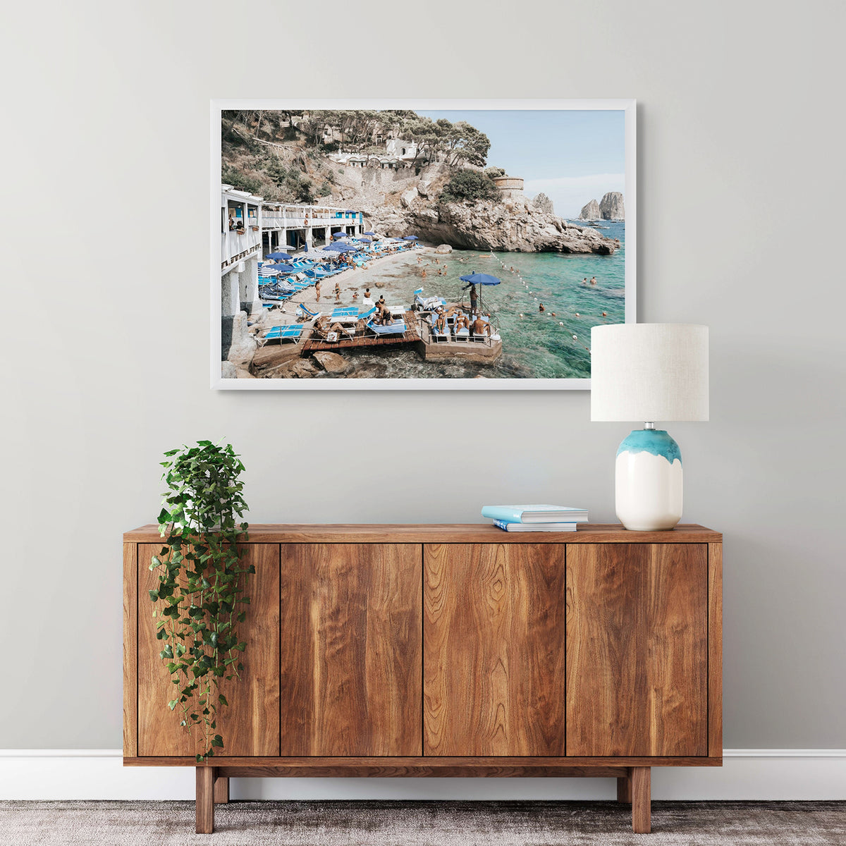 Vita Bella Capri Mediterranean wall art white framed print styled in a room