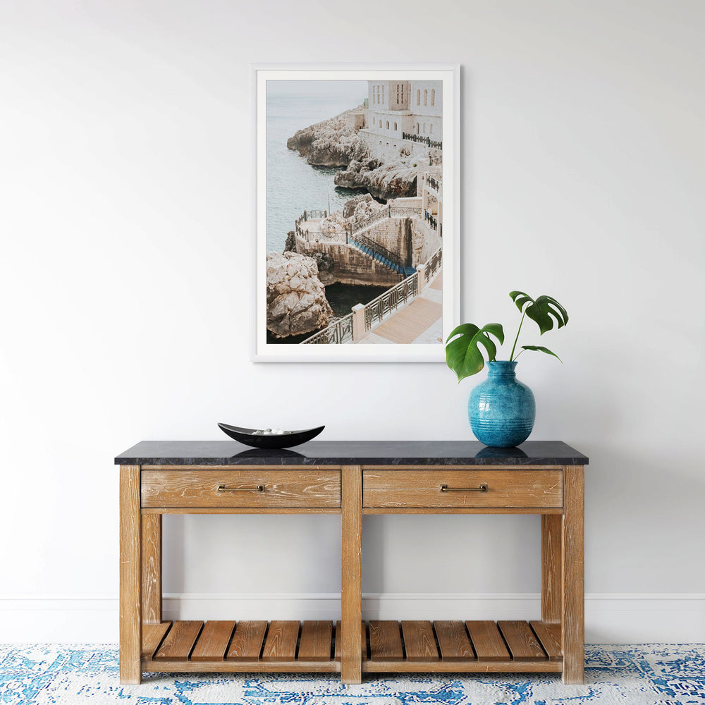 Wellness Centre Puglia coastal wall art white framed print styled in a room