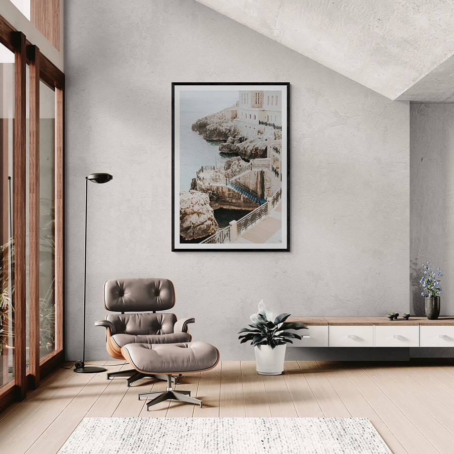 Wellness Centre Puglia coastal wall art black framed print styled in a room