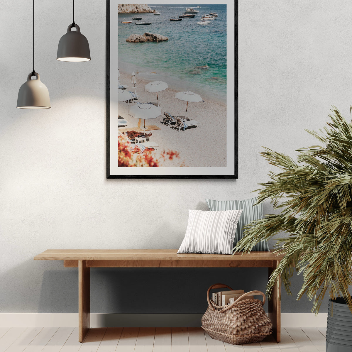 Romantic Escape Amalfi, pebbled Amalfi beach with white umbrellas and turquoise sea, framed print styled in a room view 2