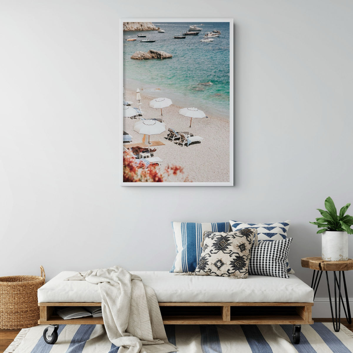 Romantic Escape Amalfi, pebbled Amalfi beach with white umbrellas and turquoise sea, framed print styled in a room view 6