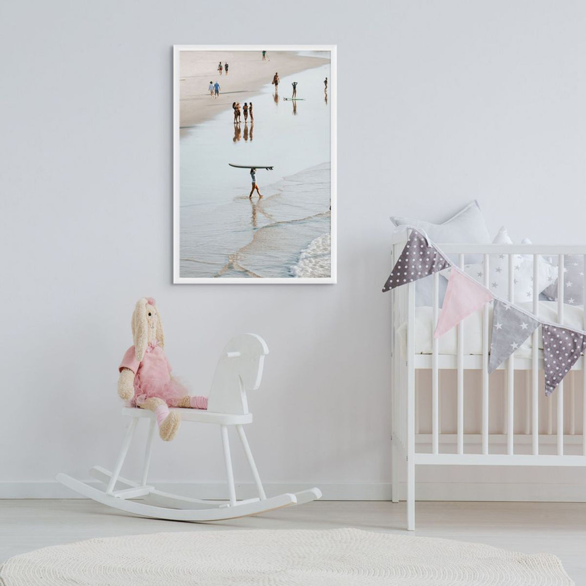 Bailey Byron Bay beach coastal decor wall art white framed print styled in a room view 3