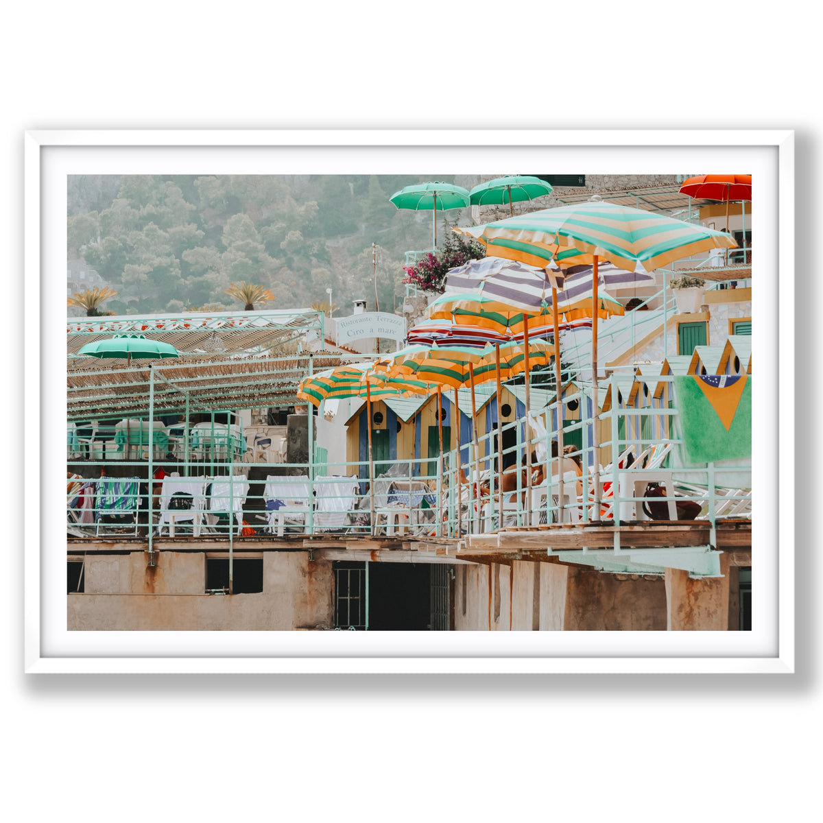 Terrace Tableau Capri, faded striped umbrellas above pastel beach huts on a terrace, main fine art print image