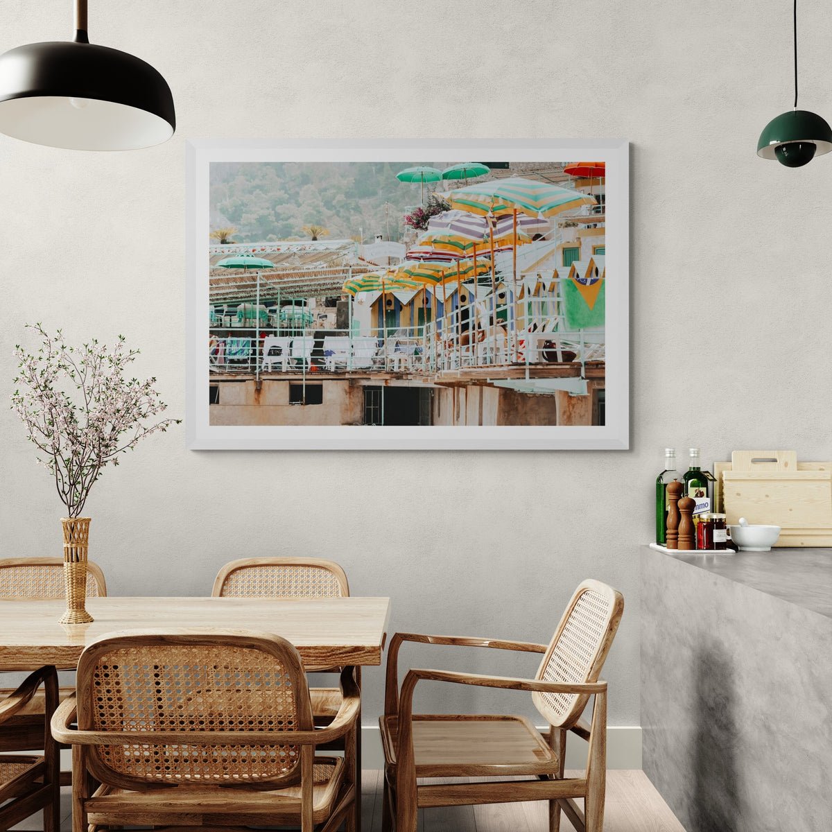 Terrace Tableau Capri, faded striped umbrellas above pastel beach huts on a terrace, framed print styled in a room view 6