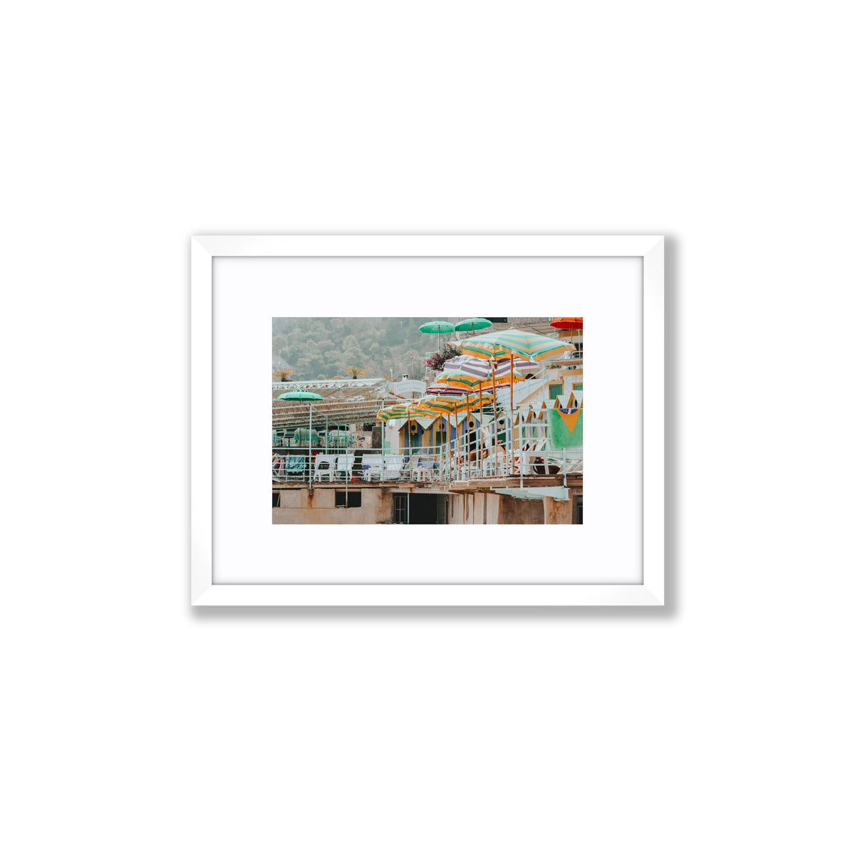 Terrace Tableau Capri European beach club wall art small fine art print in white frame with matboard