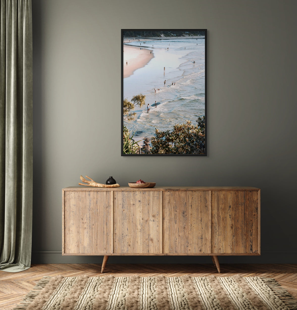 Healing Waters Byron Bay beach coastal decor wall art black framed print styled in a room view 2