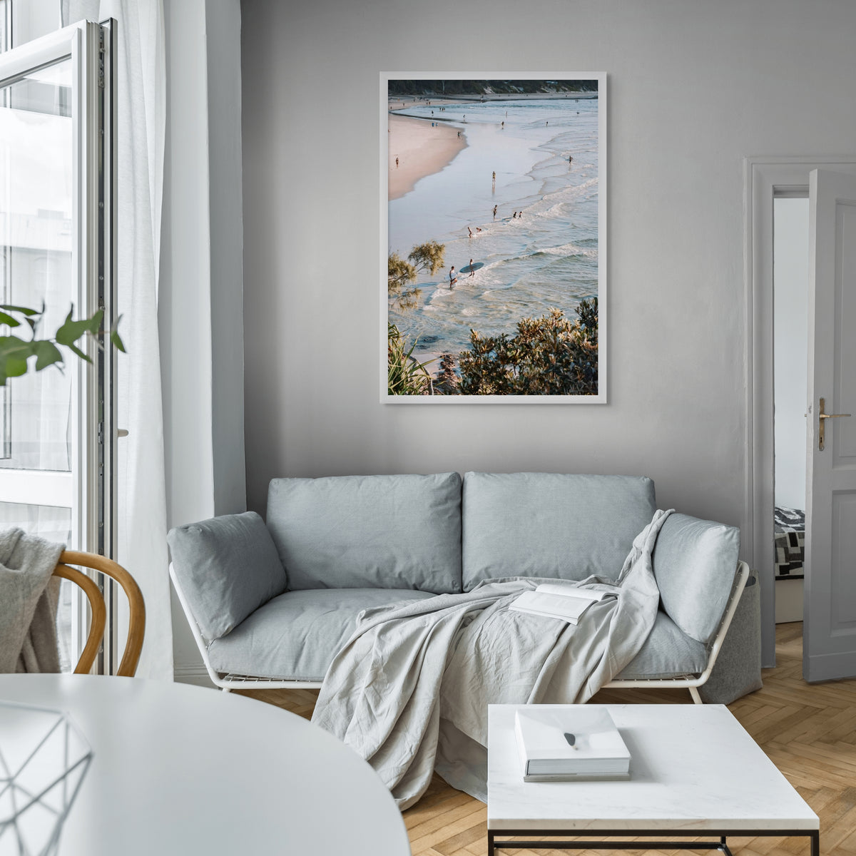 Healing Waters Byron Bay beach coastal decor wall art white framed print styled in a room