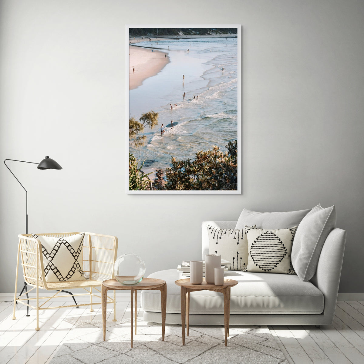 Healing Waters Byron Bay beach coastal decor wall art white framed print styled in a room view 2