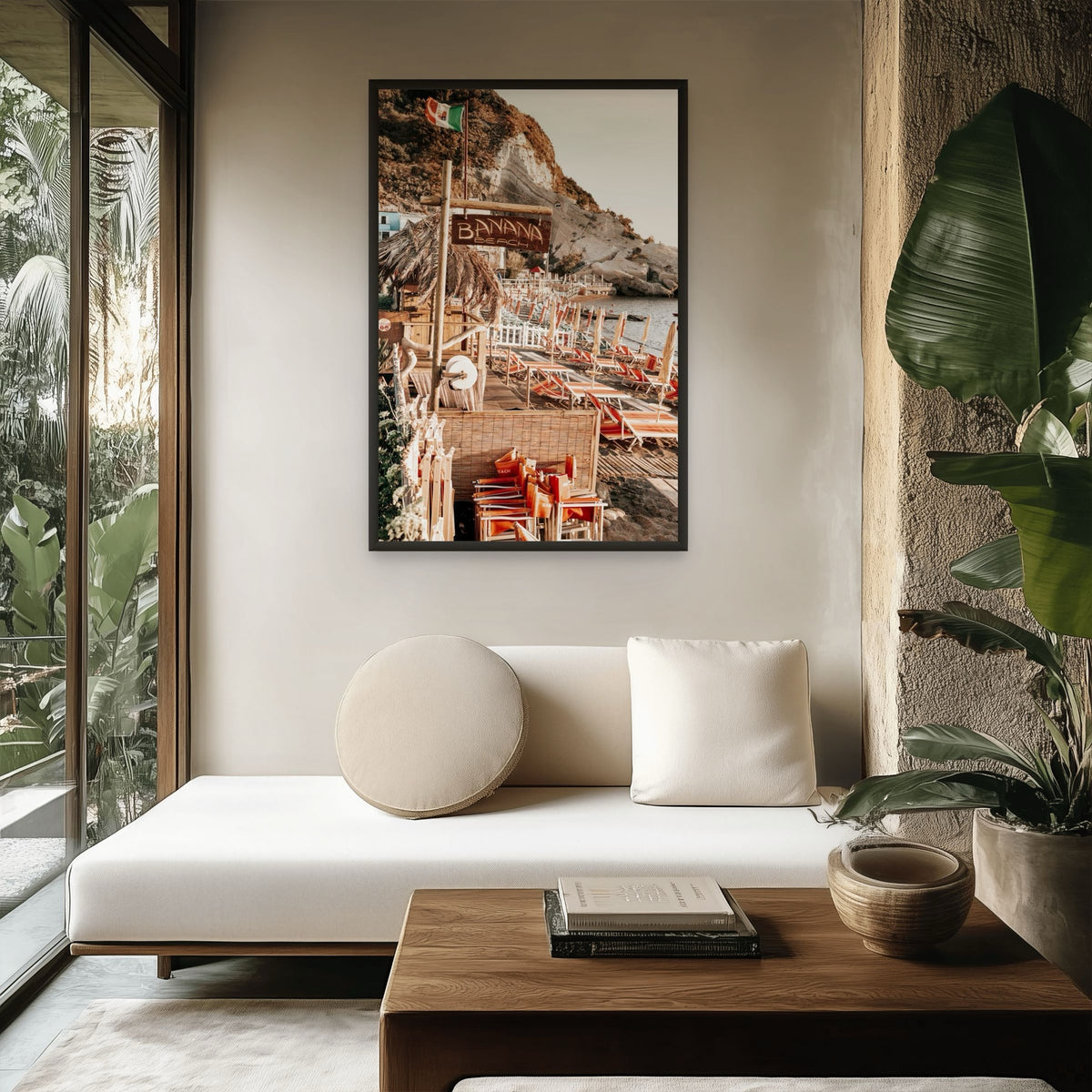 Barefoot Ischia Ischia, Banana Beach sign, striped loungers and stacked orange chairs, framed print styled in a room