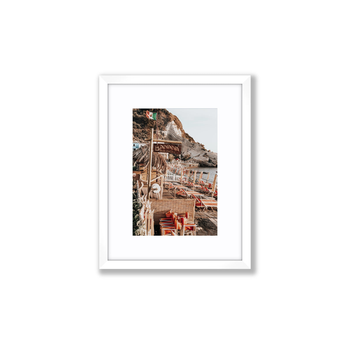 Barefoot Ischia Ischia European beach club wall art small fine art print in white frame with matboard