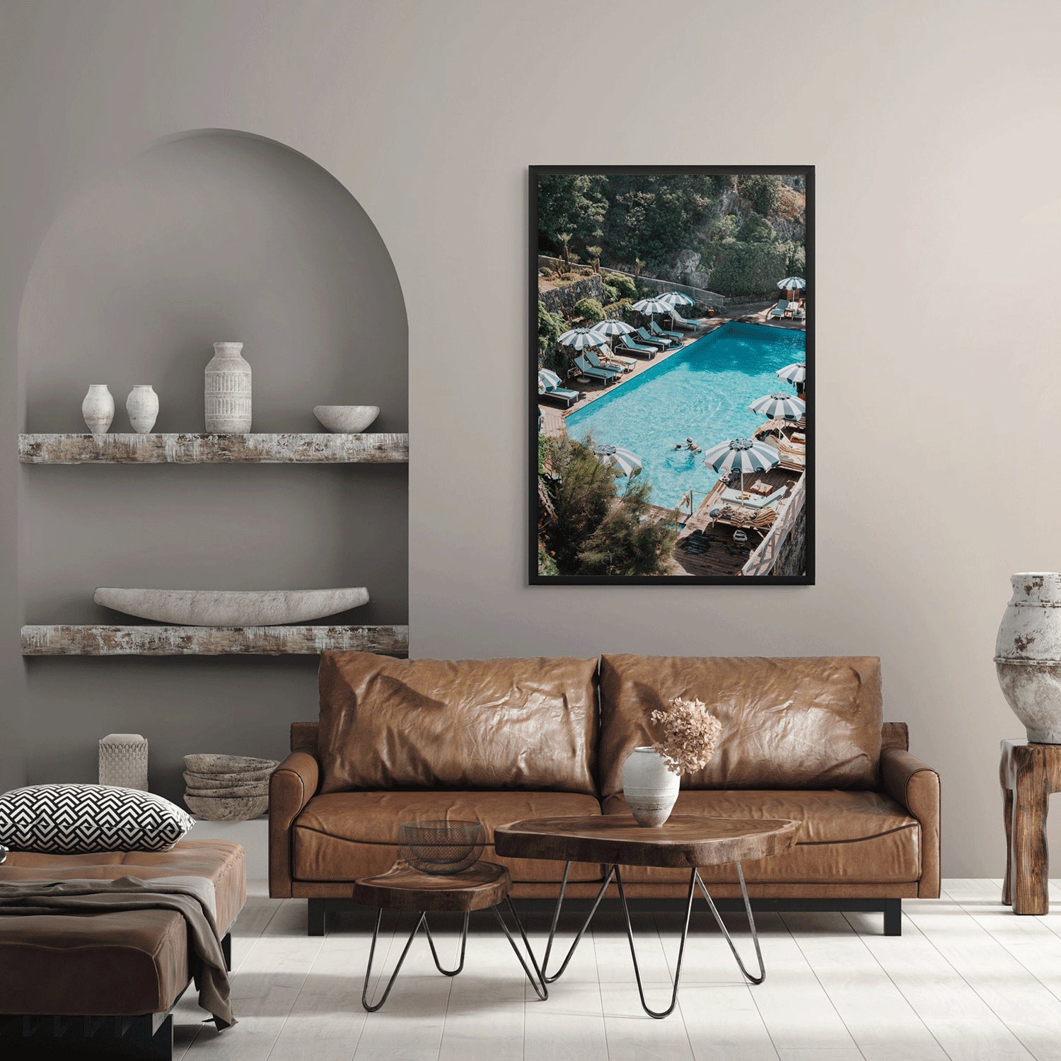 Poolside Paradise fine art print styled in a mid-century modern room